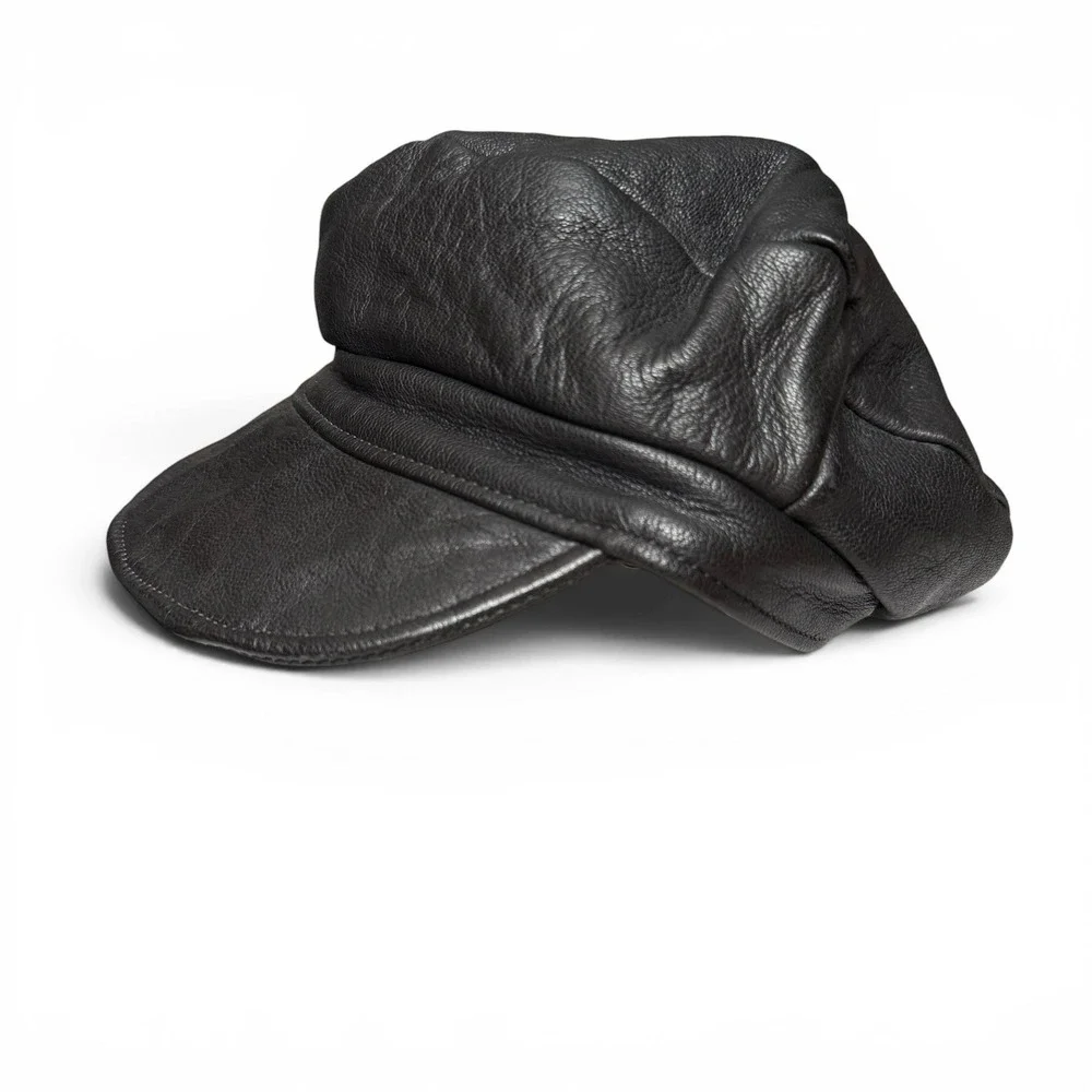 Vintage Champlain Leather Newsboy Greek Fisherman Hat Black USA Large